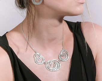 Abstract Silver Bib Necklace, Short Modern Silver Necklace, Ripples Statement necklace for Women