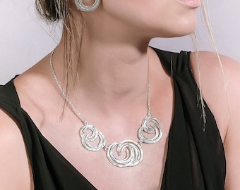 Abstract Silver Bib Necklace, Short Modern Silver Necklace, Ripples Statement necklace for Women