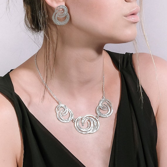 Abstract Silver Bib Necklace, Short Modern Silver Necklace, Ripples Statement necklace for Women