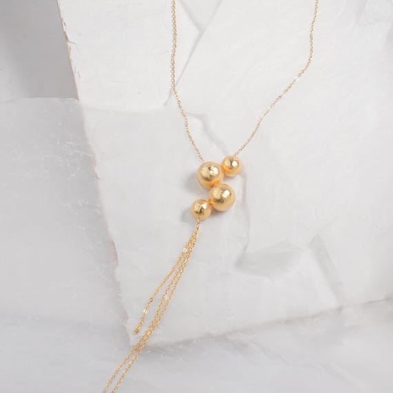 Gold Y Pendant, Golden Tie Necklace, Gold Sphere Pendant, Dangling Gold Pendant, Gold Tassel Necklace, Geometric Gold Pendant, Globe Pendant
