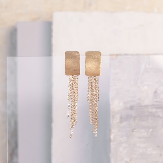 Unique Gold Earring, Gold Tassel Earring, Gold Rectangle Earring, Long Gold Earring, Modern Earring, Gold Statement Earring, Clip On Earring
