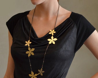 Flower Gold and Black Necklace, Gold and Black Necklace, Flower Necklace, Long Necklace, Statement Necklace, Urban Necklace, Gold Necklace