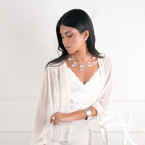 Magnificent Silver Jewelry Set, Statement Necklace and Earrings Set, Silver Bubble Jewelry for Women, Collar Bib Necklace and Matching Stud