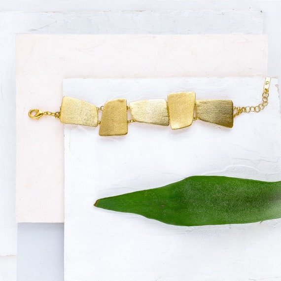 Statement Modern Gold Link Bracelet, Adjustable Gold Brick Bracelet, Geometric Gold Rectangle Bracelet, Chic Golden Sophisticated Bracelet
