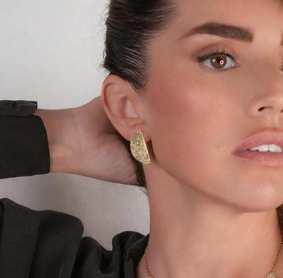 Gold semi circle stud earrings, also available in Silver