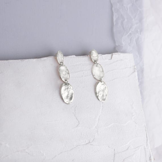 Clip On Silver Coin Earrings, Silver Organic Oval Dangling Clip Earrings, Cascading Long Silver Ear Clips, Everyday Artisan Clip-On Earrings