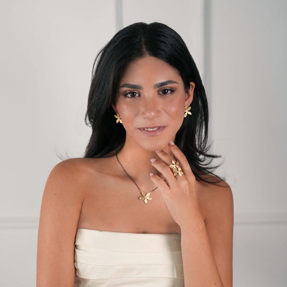 Complete Botanical Jewelry Set in Gold, Gold and Black Floral Necklace, Young & Light Necklace with Earrings and Statement Ring Jewelry Set