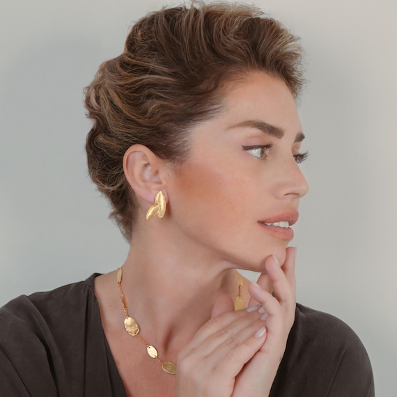 Botanical Gold Clip Ons, Beautiful Clip-On Earrings, Unique Golden Ear Clips, A-Symmetrical Ear-Clip Earrings, No-Pierce Earrings for Women