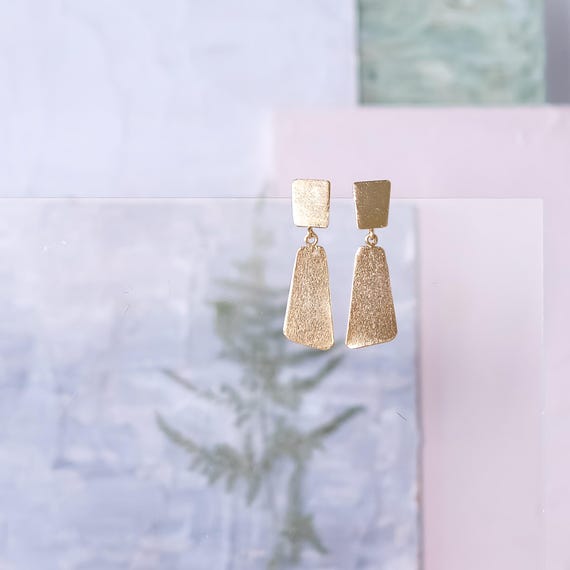 Geometric Gold dangle stud earrings, also available in Silver and as Clip-On