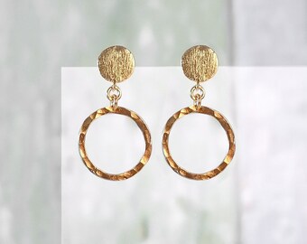 Gold Dangle Earrings, Dangl Stud Earrings, Hammered Earrings, Bohemian Jewelry, Circle Earrings, Geometric Earrings, Gold Modern Earrings