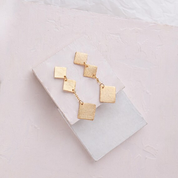 Long Geometric Dangling Gold Earrings, Long Gold Stud Earring, Delicate Modern Square Dangle Earrings, Cubist Golden Chandelier Post Earring