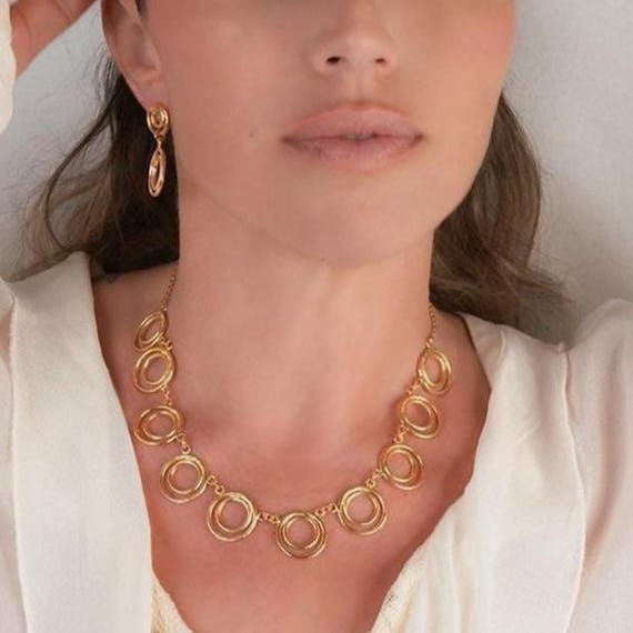 Sophisticated Geometric Gold Necklace, Golden Circle Bib Necklace, Short Gold Modern Necklace, Airy Statement Necklace, Work Chic Gold Chain