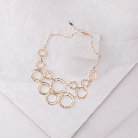 Statement Gold Bib Necklace, Geometric Circles Gold Necklace for Women, Unique Bubbles Gold Short Necklace, Large Airy Golden Pendant