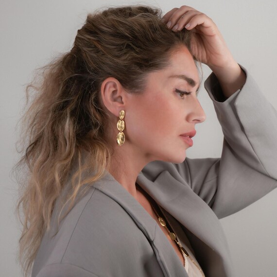 Long Gold Oval Coin Earrings, Dangling Gold Drop Stud Earrings, Organic and Boho Chic Long Golden Post Earrings, Modern Gold Stud Earrings