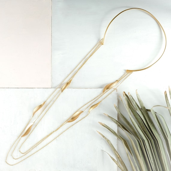Gold Multistrand Necklace, Minimalist Jewelry, Long Gold Necklace, Unique Gold Necklace, Gold Leaf Necklace, Long Statement Necklace, Boho