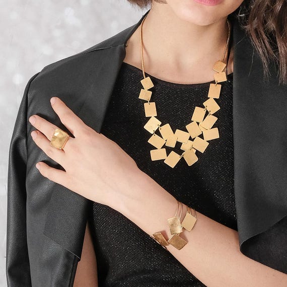 Large Statement Gold Necklace, Big Geometric Necklace, Gold Fashion Bib Necklace, Oversized Jewelry, Big Necklace, Gold Square Necklace