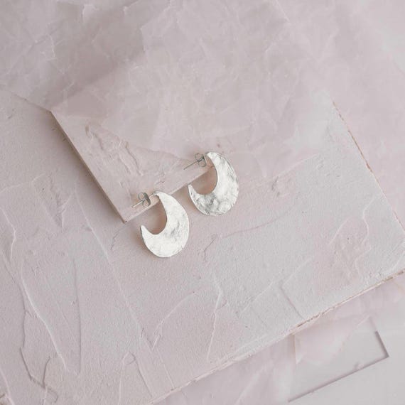 Flat Silver Gypsy Earrings, Unique Oval J Stud Earrings, Textured Silver Studs, Minimalist Organic Stud Earrings, Silver Half Hoop Studs