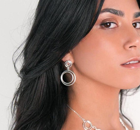 Dangling Silver Earrings, Long Circle Silver Drop Earring, Modern Silver Stud Earrings for Women, Geometric Dangle Studs, Silver Hoop Studs