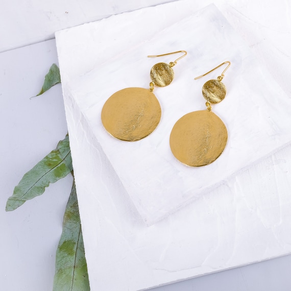 Gold Disc Earrings, Statement Jewelry, Gold Dangle Earrings, Chandelier Earrings, Large Gold Disc Earrings, Dangle Earrings, Clip on Earring