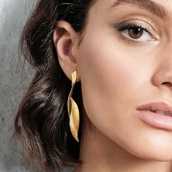 Long leaf-like Gold stud earrings, also available in Silver