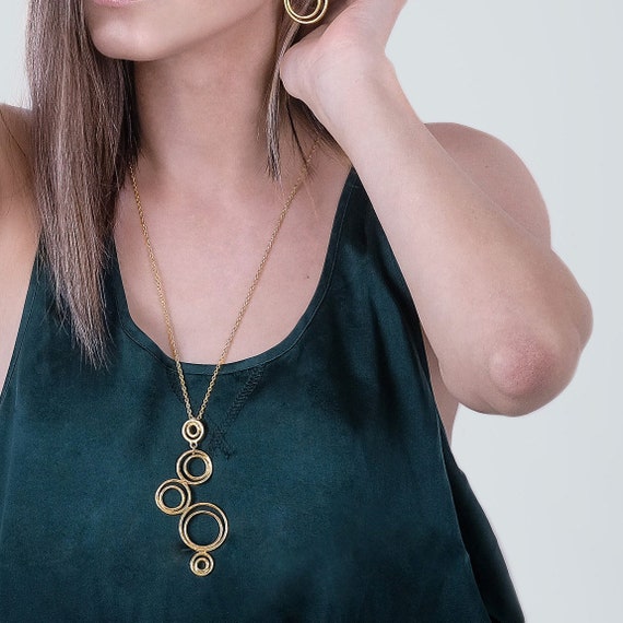 Long Gold Pendant Necklace, Circles Necklace, Golden Geometric Pendant, Modern Long Gold Necklace, Geometric Necklace, Gold Bubbles Necklace