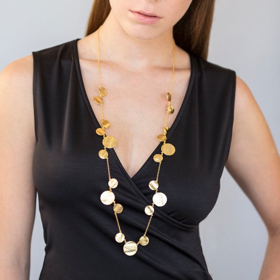 Long Gold Necklace, Elegant Gold Necklace, Gold Coin Necklace, Long Necklace, Fashion Necklace, Gold Statement Necklace, Geometric Necklace