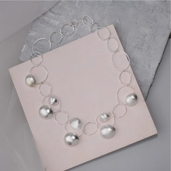 Large Silver Statement Bib Necklace with Circles, Unique Silver Pebble Necklace for Women, Beautiful Silver Pendant Necklace, Airy Bib