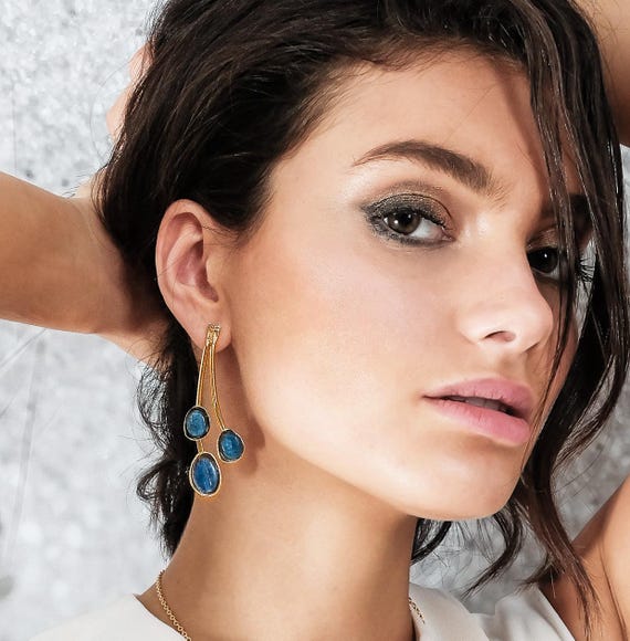 Statement Gemstone Earring, Gold and Blue Earrings, Long Gemstone Earring, Long Gold Earrings with Blue Gemstone, Dangling Gemstone Earrings