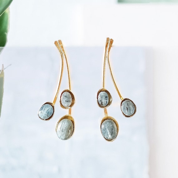 Lond Drop Earrings, Kyanite Gold Earrings, Gold Earrings And Gemstone, Bohemian Earrings, Modern Jewelry, Unique Drop Earrings, Statement