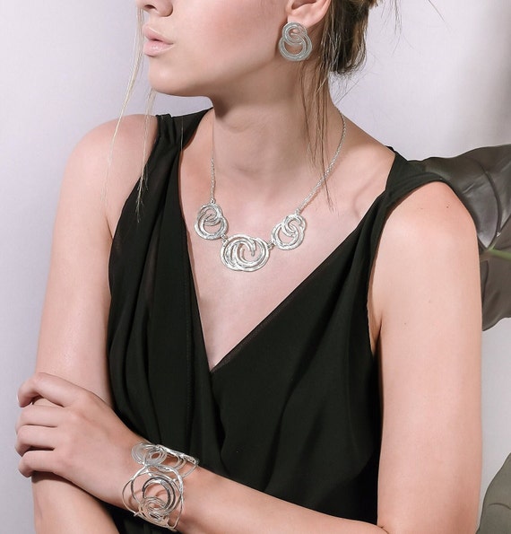 Timeless Complete Jewelry Set, Silver Jewelry Set, Unique and Modern Jewelry Set, Necklace Earring Bracelet Set, Earrings and Necklace Set