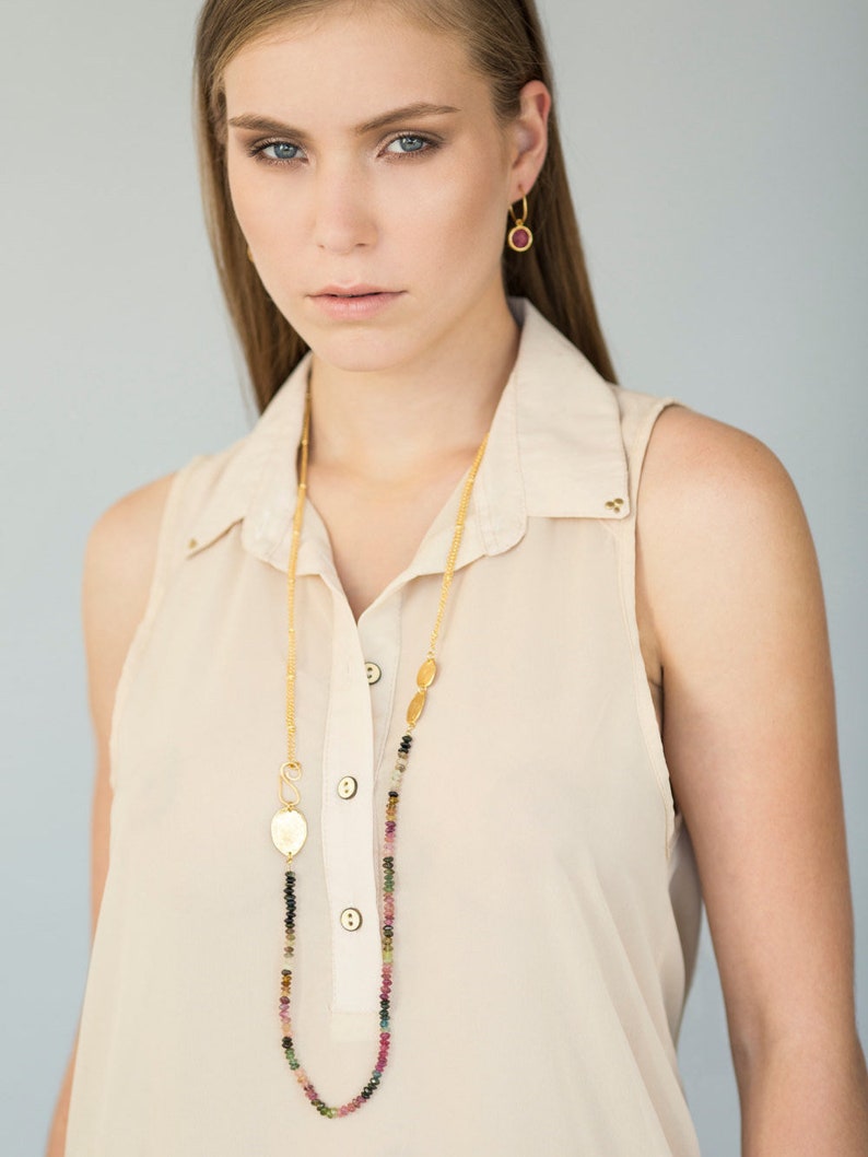 Long Gold and Gemstone Necklace, Gold Necklace, Gemstone Necklace, Classic Necklace, Double