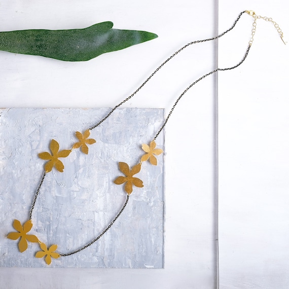 Flower Necklace, Modern Jewelry, Gold Flower Necklace, Long Necklace, Statement Necklace, Minimalist Necklace, Gold Necklace, Black Necklace