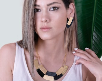 Black and Gold Necklace, Geometric Jewelry For Women, Cleopatra Necklace, Unique Bib Necklace, Minimalist Gold Necklace, Checkered Necklace