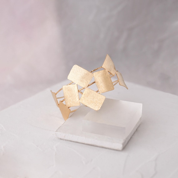 Bold Statement Gold Cuff, Geometric Gold Cuff Bracelet, Large Open Gold Cuff, Rectangles Gold Cuff, Modern Golden Statement Cuff