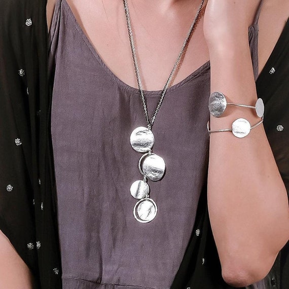 Long Silver and Black Coin Necklace, Silver Circles Pendant, Casual Modern Pendant Necklace