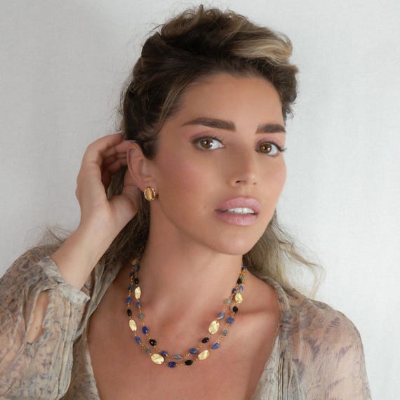 Blue and Gold Gemstone Beaded Necklace, Multistrand Gold - Blue Short Necklace, Beaded Choker Necklace, Oval Coin Boho Chic Collar Necklace