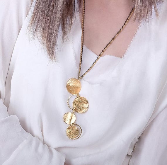 Long Gold and Black Pendant, Long Multi Strand Necklace, Gold and Black Necklace, Modern Coin Pendant, Fashion Necklace, Long Gold Necklace