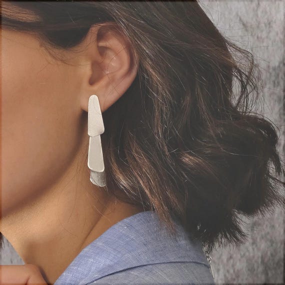 Long Geometric Stud Earrings, Unique Geometric Silver Studs, Cascading Silver Stud, Modern Silver Stud Earrings, Silver Drop Earrings