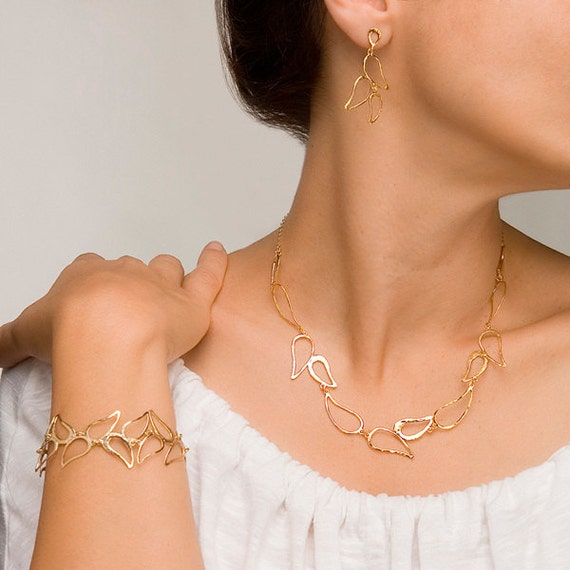 Gold Jewelry Set, Full Jewelry Set, Paisley Jewelry Set, Teardrop Jewelry Set, Earrings Necklace Set, Modern Jewelry, Wedding Jewelry Set
