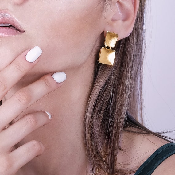 Gold square dangle earrings clearance