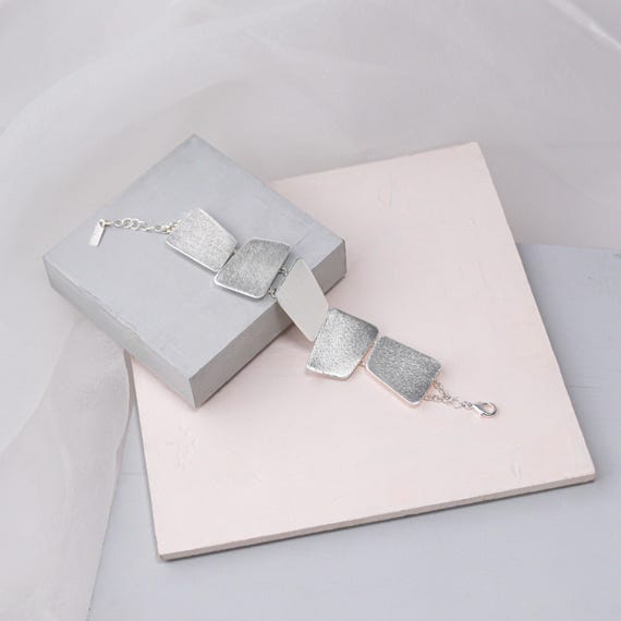 Geometric Silver Link Bracelet, Silver Statement Rectangle Bracelet, Geometric Clasp Bracelet, Minimal Silver Link Bracelet