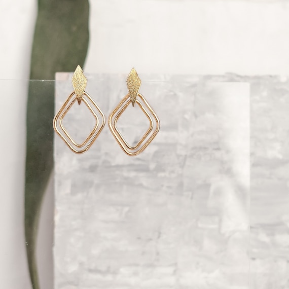 Geometric Gold Marquise Stud Earrings, Dangling Golden Modern Post Earrings, Gold Rectangle Drop Earrings, Sophisticated Gold Swinging Studs
