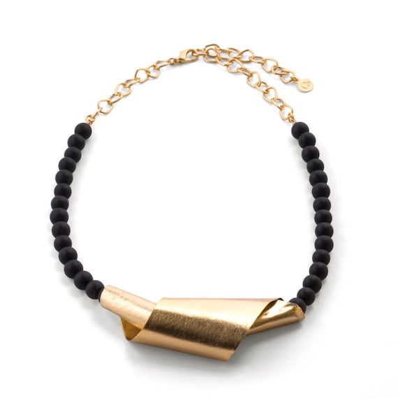 Gold Abstract Necklace, Gold and Black Necklace, Beaded Necklace, Gemstone Necklace, Gold Statement Necklace, Statement Bib, Ribbon Necklace