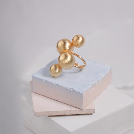 Golden Sphere Statement Ring, Adjustable Golden Orb Ring, Geometric Gold Ring, Large Fashion Ring, Gold Ball Ring, Gold Bubbles Ring