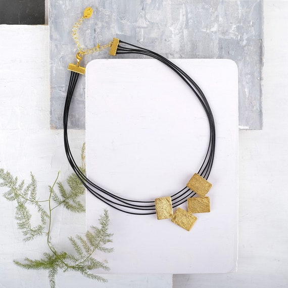 Gold and Black Statement Necklace, Gold Bib Geometric Bib Necklace, Short Fashion Necklace, Unique Gold Rectangle Pendant, Modern Gold Bib