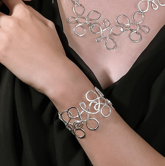 Romantic Silver Adjustable Cuff, Silver Statement Wire Bracelet, Adjustable Boho Silver Bangle