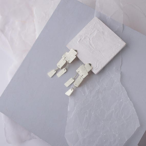 Geometric Silver Chandelier Stud Earrings, Modern Statement Silver Post Earrings, Unique Dangling Silver Rectangle Earrings for Women