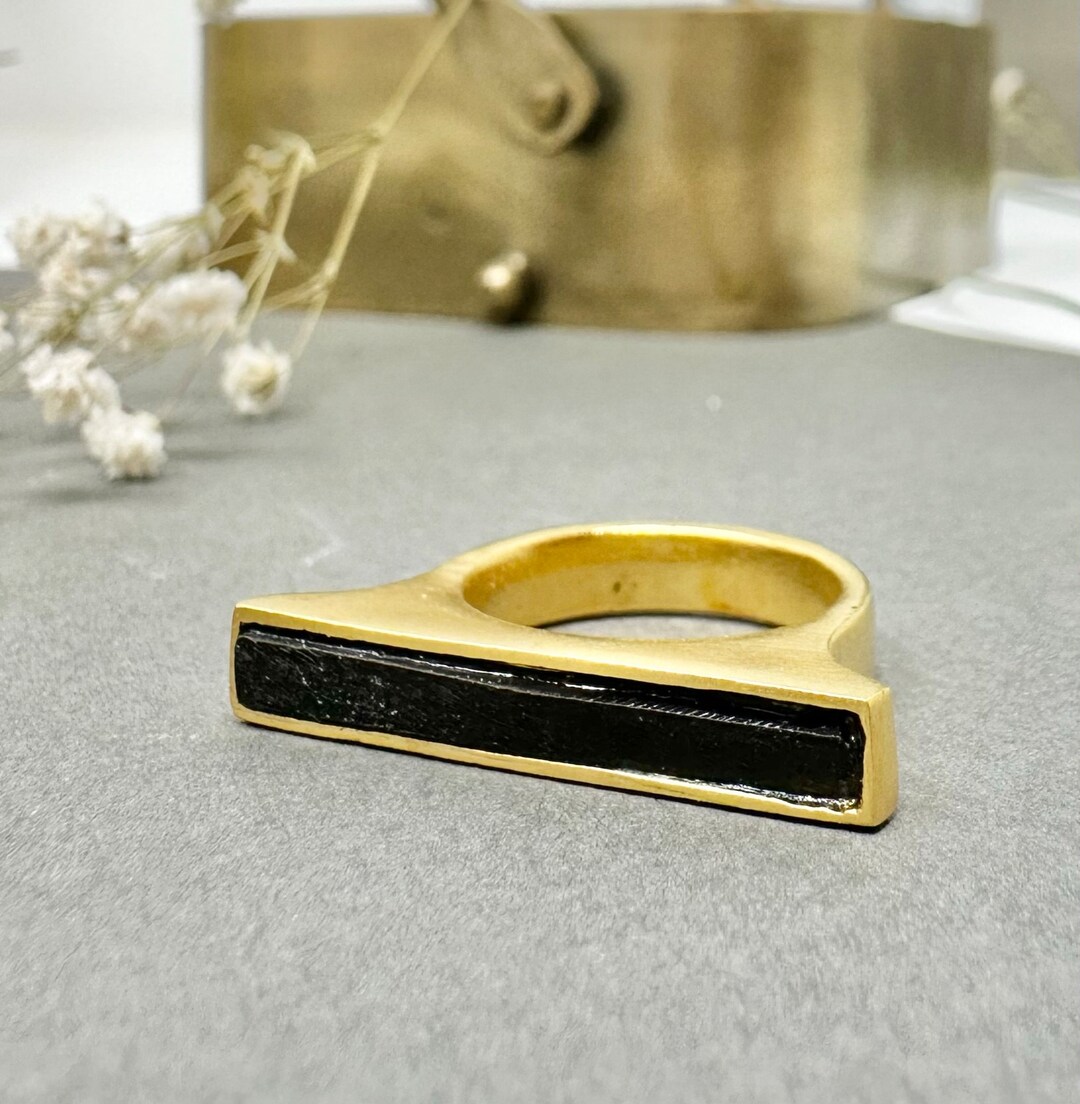 Thin Rectangle Signet Black and Gold Stackable Ring, Urban Stacking ...