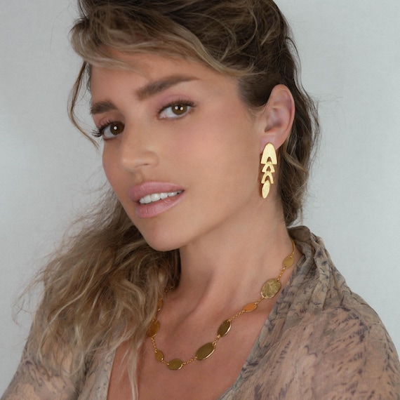 Elegant Gold dangle stud earrings, also available in Silver and as Clip-Ons