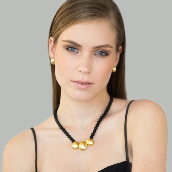 Short Beaded Gold and Black Statement Gemstone Necklace, Gold Necklace, Beaded Necklace, Gold and Black Necklace, Gemstone Beaded Necklace